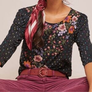Anthropologie One September Blanche Embroidered Floral Top Boho Folk